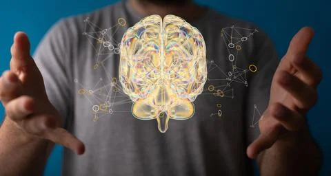 3d rendering of a brain testing result with a computer interface in innovative t 库存照片