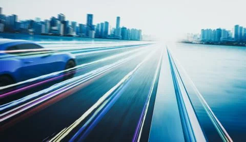 3D rendering of a brand-less blue sport car with light effect and motion blur Stock Photos