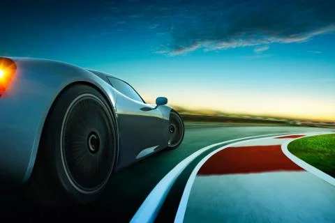 3D rendering of a brand-less grey sport car with  motion blur . Race track ba Stock Photos