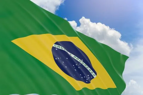 3D rendering of Brazil flag waving on blue sky background Stock Photos