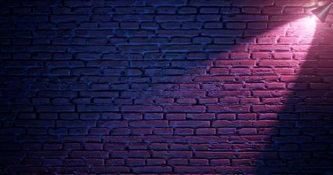 3d rendering. Brick wall illuminated by neon pink light from spotlights. Abst Stock Illustration