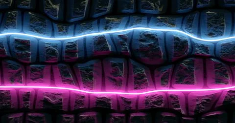 3d rendering. Brick wall illuminated by neon pink light from spotlights. Abst Stock Illustration