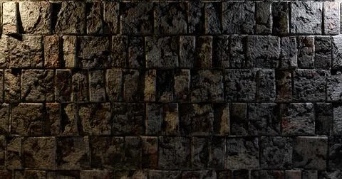 3d rendering. Brick wall illuminated by neon pink light from spotlights. Abst Stock Illustration