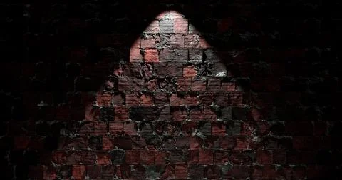 3d rendering. Brick wall illuminated by neon pink light from spotlights. Abst Stock Illustration