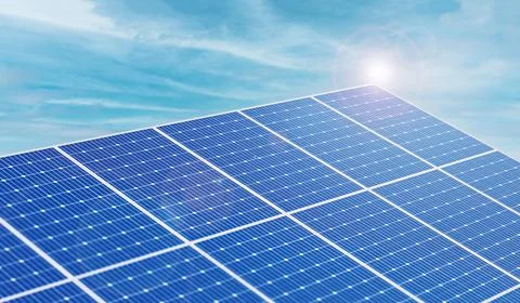 A 3D rendering of bright blue solar panels under a cloudy sky with the sun sh Stock Illustration