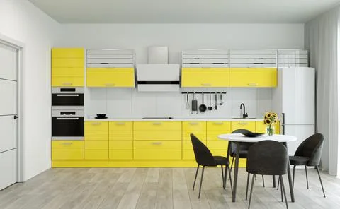 3d rendering. Bright kitchen design. Stock-Illustration