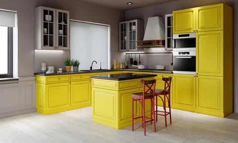 3d rendering. Bright kitchen design. Illustrazione stock