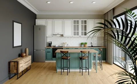 3d rendering. Bright kitchen design. Иллюстрация