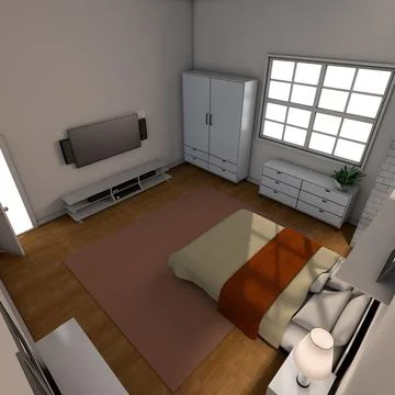 A 3D rendering of a bright modern bedroom with a sizeable bed, large window,  Stock Illustration