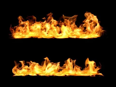 3d rendering of bright orange fire flames in two rows on black background Stock Illustration