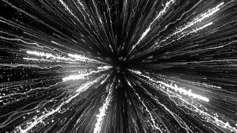 3D rendering of bright particles fill the space with jets of energy and light Illustrazione stock