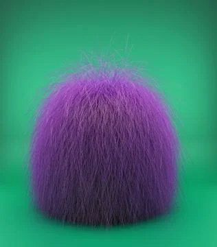 3d rendering of bright purple fur ball isolated on green background. Stock-Illustration