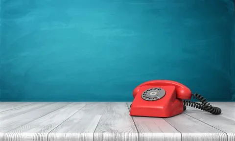 3d rendering of a bright red dial phone standing on a wooden desk and a blue Stock Illustration