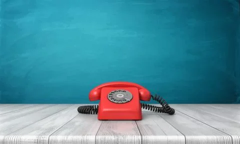 3d rendering of a bright red dial phone standing on a wooden desk and a blue Stock Illustration