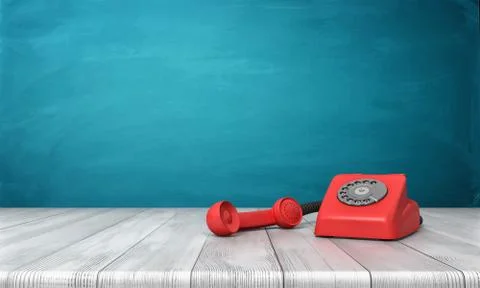 3d rendering of a bright red dial phone standing on a wooden desk and a blue Ilustración de archivo