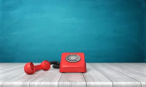 3d rendering of a bright red dial phone standing on a wooden desk and a blue Stock Illustration