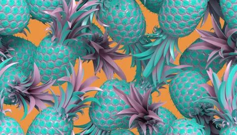 3d rendering of bright tiki style seamless pattern with pineapples. Stock Illustration
