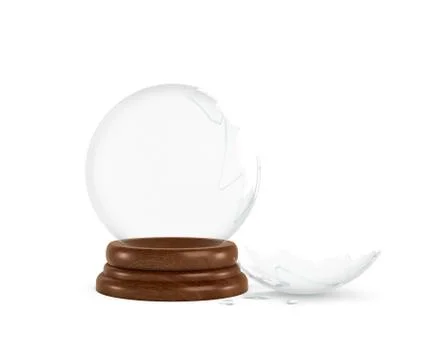 3d rendering of a broken glass sphere on a white background standing on a wooden Stock Illustration