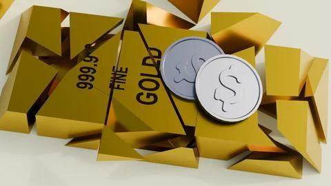 A 3d rendering of broken gold bullion bar with scattered silver dollar coins Stock Illustration
