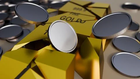 A 3d rendering of broken gold bullion bar with scattered silver dollar coins Stock Illustration