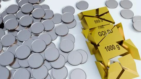 A 3d rendering of broken gold bullion bar with scattered silver dollar coins Stock Illustration