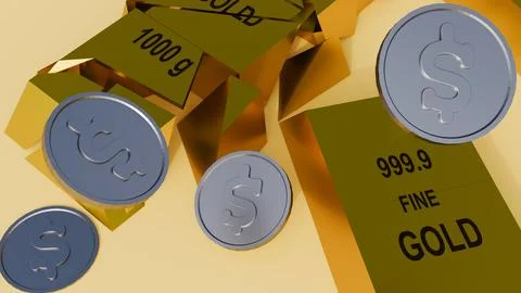 A 3d rendering of broken gold bullion bar with scattered silver dollar coins Stock Illustration