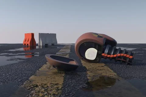 3D rendering of a broken performance test dummy on road Illustrazione stock