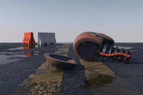 3D rendering of a broken performance test dummy on road Illustrazione stock