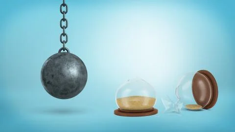 3d rendering of a broken retro hourglass lying in halves with sand still inside Stock Illustration