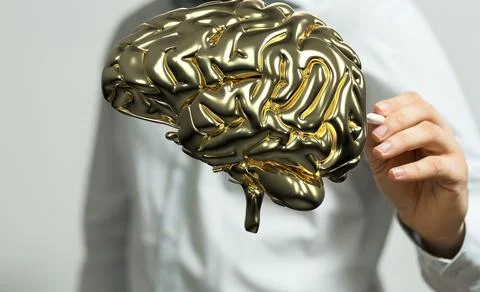 3D rendering of a bronze brain-shaped object; AI Stockfoto's