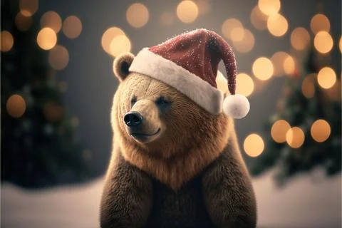 3D rendering of a brown bear with Santa hat on a background of bokeh lights Stock Illustration