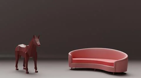 3D rendering of a brown horse and pink sofa on a dark brown background Stock Illustration