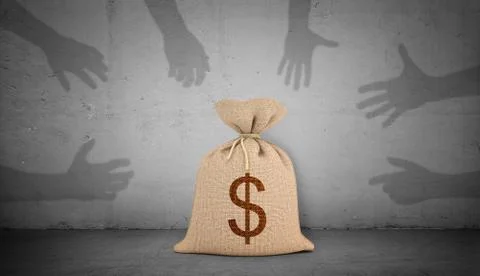 3d rendering of a brown money bag with a dollar sign stands on concrete Stock Illustration