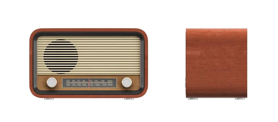 3d rendering of a brown rounded retro style radio receiver with an analogue Stock-Illustration