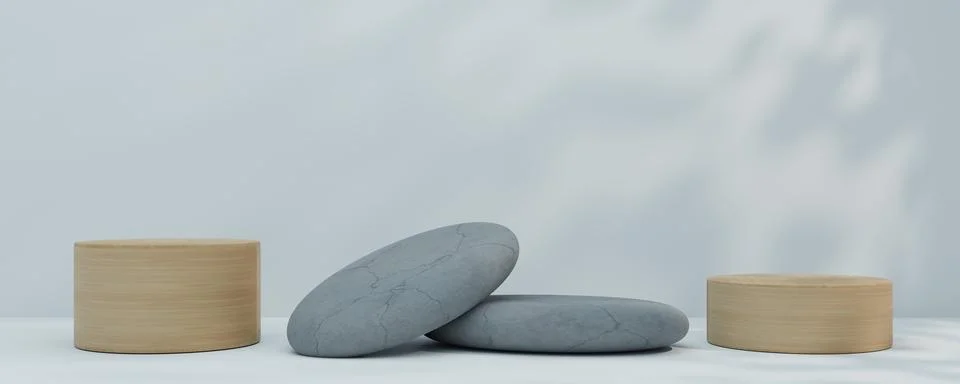 3D rendering, Brown stone podium, Cosmetic display stand on blue background.. Stock Illustration