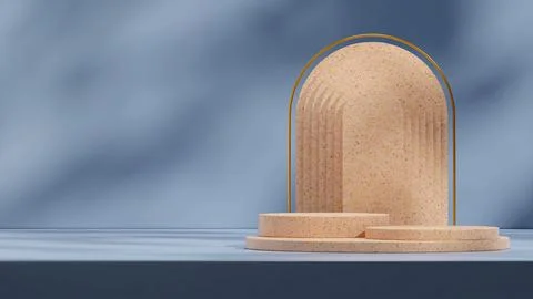 3d rendering of Brown terrazzo texture and podium with gold arch mockup backgrou Illustrazione stock