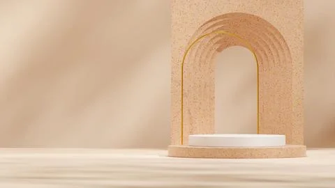 3d rendering of Brown terrazzo texture and white podium with gold arch mockup ba 스톡 일러스트