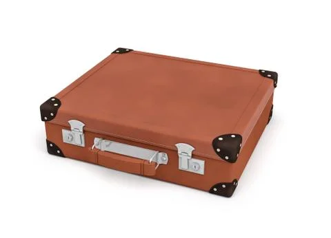 3d rendering of a brown vintage closed suitcase with metal locks on white Stock Illustration