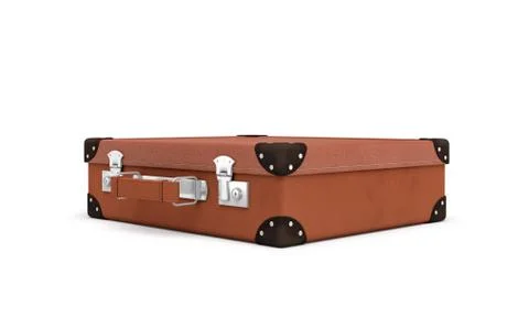 3d rendering of a brown vintage closed suitcase with metal locks on white Stock Illustration