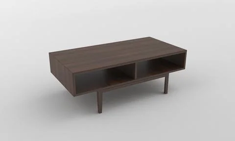 A 3D rendering of a brown wooden rectangular coffee table isolated on a white Stock Illustration