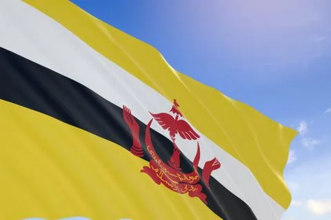 3D rendering of Brunei flag waving on blue sky background Stock Illustration