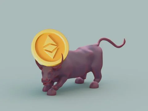 A 3D rendering of a bull figurine with the Ethereum Classic cryptocurrency co Stock Illustration