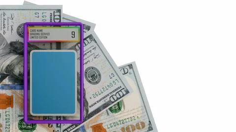 A 3d rendering of bumpered Mint 9 graded card slab over US hundred-dollar bills. Stock Illustration