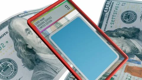 A 3d rendering of bumpered Mint 9 graded card slab over US hundred-dollar bills. Stock Illustration