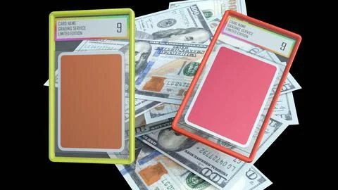 A 3d rendering of bumpered Mint 9 graded card slab over US hundred-dollar bills. Stock Illustration