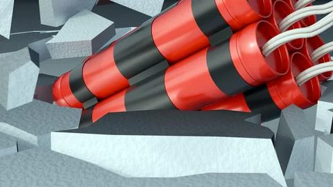 3D rendering of a bundle of red dynamite with impact crater and flying debris Stock Illustration