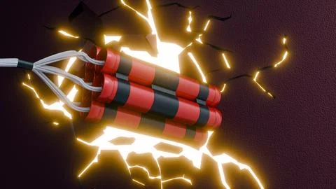 3D rendering of a bundle of red dynamite with impact crater and flying debris Stock Illustration