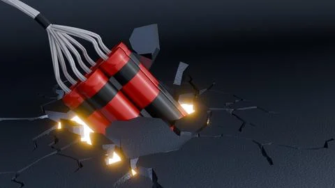 3D rendering of a bundle of red dynamite with impact crater and flying debris Stock Illustration