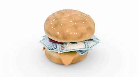 A 3d rendering of burger with dollar bills filling Stock Illustration