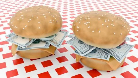 A 3d rendering of burger with dollar bills filling Stock Illustration